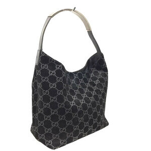 Gucci Suede Handbag Shoulder Bag Handheld GG Black Leather